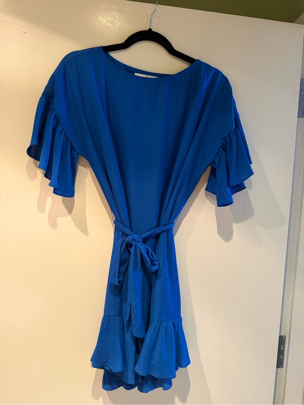 Amanda Uprichard Royal Blue Ruffle-Sleeve Tie-Waist Mini Dress